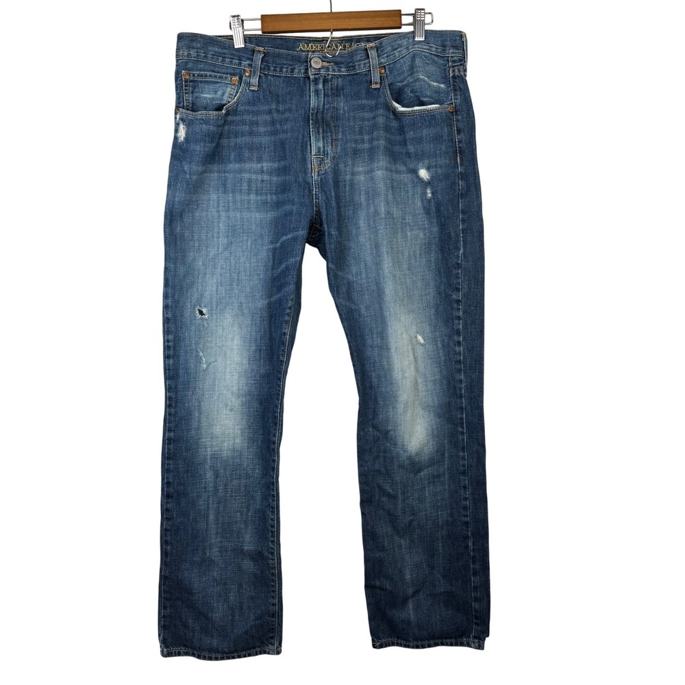Y2K American Eagle Distressed Relaxed Fit Jean Men 36x32 Blue Medium Wash Grunge